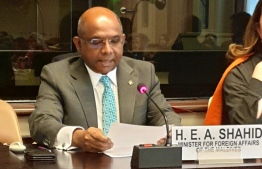 Foreign Minister Abdulla Shahid speaks during a high-level event by the Contact Group Council Membership, held on the sidelines of the 43rd Session of the UN Human Rights Council. PHOTO/FOREIGN MINISTRY