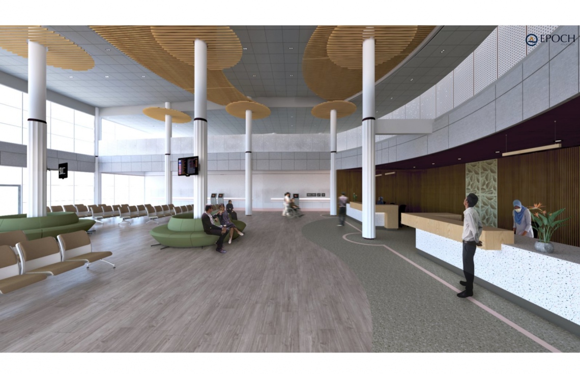 ދ. ކުޑަހުވަދޫގައި ސަރުކާރުން އިމާރާތް ކުރާ އާ ހޮސްޕިޓަލްގެ ލޮބީ އޭރިއާގެ ކުރެހުމެއް: މި ހޮސްޕިޓަލް އިމާރާތް ކުރަނީ ކުޑަހުވަދޫގައި އަލަށް ހިއްކި ސަރަހައްދުގައި.