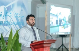 Health Minister Ameen speaking at the ceremony to inaugurate dental services in Noonu Atoll hospital. PHOTO: MINISTRY OF HEALTH