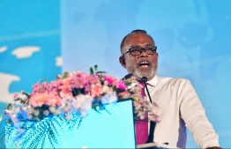 President of People’s National Congress Abdul Raheem Abdulla speaks at an opposition rally. PHOTO: MIHAARU