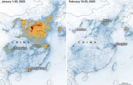 A handout photo released on March 2, 2020 by Nasa and Earth Observatory shows maps displaying nitrogen dioxide (NO2) values across China from January 1-20, 2020 (before the quarantine) and February 10-25 (during the quarantine) which illustrates a significant decrease in NO2 over China, partly related to the economic slowdown following the outbreak of the COVID-19 (new Coronavirus). (Photo by Joshua Stevens / NASA Earth Observatory / AFP) / 
