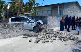 A taxi car was totalled after it ploughed through a wall upon hitting a bicycle in S.Feydhoo on March 3, 2020. PHOTO/MIHAARU