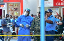 During the joint drill held in Male' City on preventive and response measures to a COVID-19 outbreak. PHOTO: AHMED AWSHAN ILYAS / MIHAARU