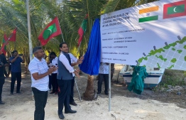 Indian High Commissioner to Maldives Sunjay Sudhir inaugurates the MVR 13.3 million coastal protection project at AA.Rasdhoo on March 7, 2020. PHOTO/FOREIGN MINISTRY