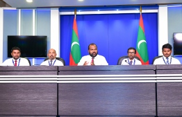 Minister of Tourism Ali Waheed (C) during the press conference held Sunday at the President's Office. PHOTO: AHMED AWSHAN ILYAS / MIHAARU