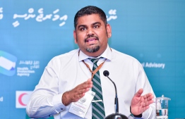 Mohamed Mabrook Azeez, the government's spokesperson for COVID-19, speak to the press regarding COVID-19 situation in the Maldives. PHOTO: MIHAARU
