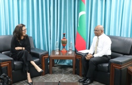 Foreign Minister Abdulla Shahid (R) meets the Special Representative of UN Secretary-General on Violence Against Children, Dr Najat Maalla M’jid on March 10, 2020. PHOTO/FOREIGN MINISTRY