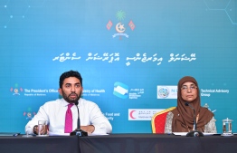 The Minister of Health and HPA's Director General during a press conference. PHOTO: AHMED AWSHAN ILYAS/ MIHAARU
