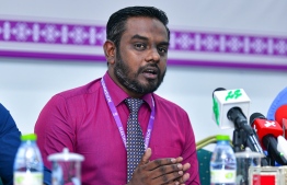 Elections Commission (EC)’s Vice President Ahmed Akram speaking at a press conference. He resigned after the Parliament Committee on Independent Institutions voted for his dismissal over sexual harassment allegations. PHOTO: MIHAARU