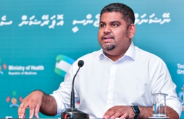 Mabrook Abdul Azeez, the undersecretary at the President's Office and spokesperson on the coronavirus situation, speaks to the press. PHOTO: AHMED AWSHAN ILYAS / MIHAARU