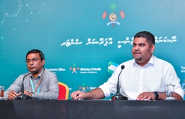 Mabrook Abdul Azeez (R), the undersecretary at the President's Office and spokesperson on COVID-19 updates, speak to the press on the situation in Maldives. PHOTO: AHMED ASHWAN ILYAS / MIHAARU
