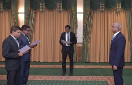 President Ibrahim Mohamed Solih (R) appoints Amjad Musthafa and Hassan Ibrahim as the new president and member of the Employment Tribunal on March 16, 2020. PHOTO/PRESIDENT'S OFFICE