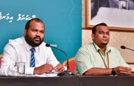 Tourism Minister Ali Waheed (L) speaks to the press on the COVID-19 situation in Maldives. PHOTO: AHMED AWSHAN ILYAS / MIHAARU