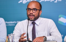 Minister of Finance Ibrahim Ameer speaks at the nationwide-broadcasted National Emergency Operations Centre press conference regarding the COVID-19 pandemic.. PHOTO: AHMED AWSHAN ILYAS / MIHAARU