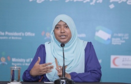 Health Protection Agency (HPA)'s Medical Officer Dr Nazla Rafeeq speaking at a press conference regarding COVID-19 in Maldives. PHOTO: MIHAARU