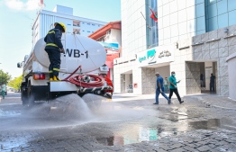 Male City Council on Sunday, began measures to disinfect the streets of capital city Male' and Hulhumale'. PHOTO: AHMED AWSHAN ILYAS / MIHAARU