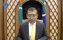 Speaker of Parliament, President Mohamed Nasheed speaking at the first-ever fully digitized parliament sitting held in the Maldives on March 30, 2020. PHOTO: MIHAARU