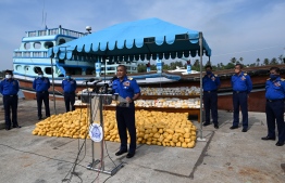 Sri Lanka's navy commander Piyal De Silva (C) briefs the media following the seizure of narcotics from a flagless cargo carrier, at a fisheries harbour near Colombo on April 1, 2020. PHOTO: ISHARA S. KODIKARA / AFP
