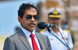 (FILE) Indian High Commissioner Sunjay Sudhir, addressing the press when India provided medical prodicts to Maldives via special shipment while the borders were closes last year due to the pandemic, on April 2, 2020 -- Photo: Ahmed Awshan Ilyas/ Mihaaru