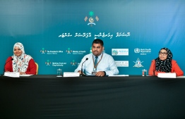 The press conference held at the NEOC, headed by Minister of Gender, Family and Social Services Aishath Mohamed Didi (left), alongside President's Office Undersecretary Mabrouq Abdul Azeez (centre) and Secretary General of Maldivian Red Crescent Fathimath Himya. PHOTO: NISHAN ALI / MIHAARU