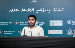 Minister of Health Abdulla Ameen speaking at a press conference. PHOTO: MIHAARU