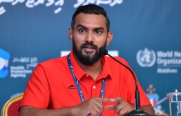 Maldivian's Public Relations Manager Moosa Waseem speaking at a press conference at Dharubaaruge. PHOTO: MIHAARU