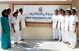 Old photograph of uniformed nurses in front of state-run Indira Gandhi Memorial Hospital (IGMH). PHOTO/WHO MALDIVES