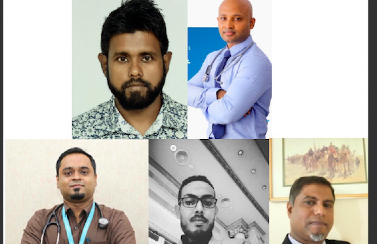 ކޮވިޑް-19 އަށް ފަރުވާދޭ އައިޖީއެމްއެޗްގެ ޑޮކްޓަރުންގެ ޓީމު (ކ-ވ) ހިމެނިވަޑައިގަންނަވާ ޑރ. ރަޖީބާއި ޑރ. މުހައްމަދު އަލީ އާއި ޑރ. މުހައްމަދު އިސްމާއިލް އާއި ޑރ. މުހައްމަދު އަލީ ސުލައިމާނާއި ޑރ. އިސްނީން.