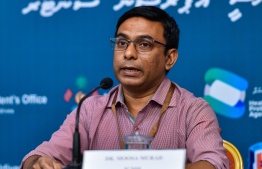 Dr.Moosa Murad, pictured speaking at the National Emergency Operations Center (NEOC) press conference held on Sunday, where he announced that the first Maldivian to have tested positive or COVID-19 has recovered on Sunday. PHOTO: MIHAARU