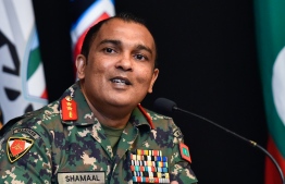 Chief of Maldives National Defence Force, Major General Abdulla Shamaal speaks at a press conference held to disseminate information, over the localized spread of infection across Maldives, linked to the ongoing COVID-19 global pandemic. PHOTO: MIHAARU