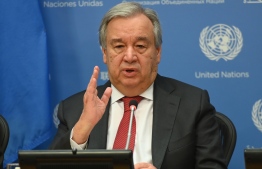 (FILES) In this file photo United Nations Secretary General Antonio Guterres speaks during a press briefing at United Nations Headquarters on February 4, 2020 in New York City.. PHOTO: ANGELA WEISS / AFP