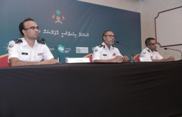 Chief Customs Officer Ali Zubair (L) and Deputy Commissioner of Customs Abdulla Shareef (C) speak at the NEOC press conference held May 6, 2020. PHOTO/NEOC