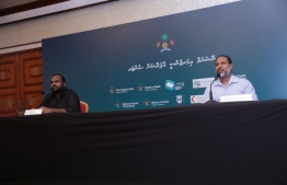 Tourism Minister Ali Waheed (L) and Home Minister Imran Abdulla speak at the NEOC press conference on May 11, 2020, regarding the COVID-19 situation in Maldives. PHOTO/NEOC