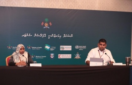 President's Office's Communications Undersectary Mabrouq Abdul Azeez and Health Protection Agency's Medical Officer Dr Nazla Rafeeq at the daily press conference held at the National Emergency Operation's Centre. PHOTO: PRESIDENT'S OFFICE / NATIONAL EMERGENCY OPERATIONS CENTRE