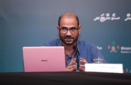HPA's epidemiologist Dr Ibrahim Afzal speaks at the NEOC press conference regarding the COVID-19 situation in Maldives. PHOTO/NEOC