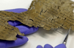 A conservator of the Israel Antiquities Authority (IAA) shows fragments of the Dead Sea Scrolls at their laboratory in Jerusalem on June 2, 2020. - DNA research on the Dead Sea Scrolls has revealed not all of the ancient manuscripts came from the desert landscape where they were discovered, according to a study published today. Numbering around 900, the manuscripts were found between 1947 and 1956 in the Qumran caves above the Dead Sea in the West Bank. The parchment and papyrus scrolls contain Hebrew, Greek and Aramaic and include some of the earliest-known texts from the Bible, including the oldest surviving copy of the Ten Commandments. Research on the texts has been ongoing for decades and in the latest study, DNA tests on manuscript fragments indicate that some were not originally from the area around the caves. (Photo by MENAHEM KAHANA / AFP)