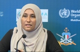 Dean of MNU's Research Centre Dr Raheema Abdul Raheem speaking at National Emergency Operation's Centre's press briefing. PHOTO: MIHAARU