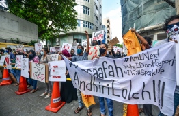 Protesters amid a demonstration held on the streets of Male' City, against all forms of sexual violence and to hold perpetrators and the authorities accountable, on June 29, 2020. PHOTO: NISHAN ALI / MIHAARU