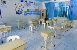 Arrangement of students' desks in a classroom at Jamaluddin School, to enforce physical distancing. PHOTO: AHMED AWSHAN ILYAS / MIHAARU