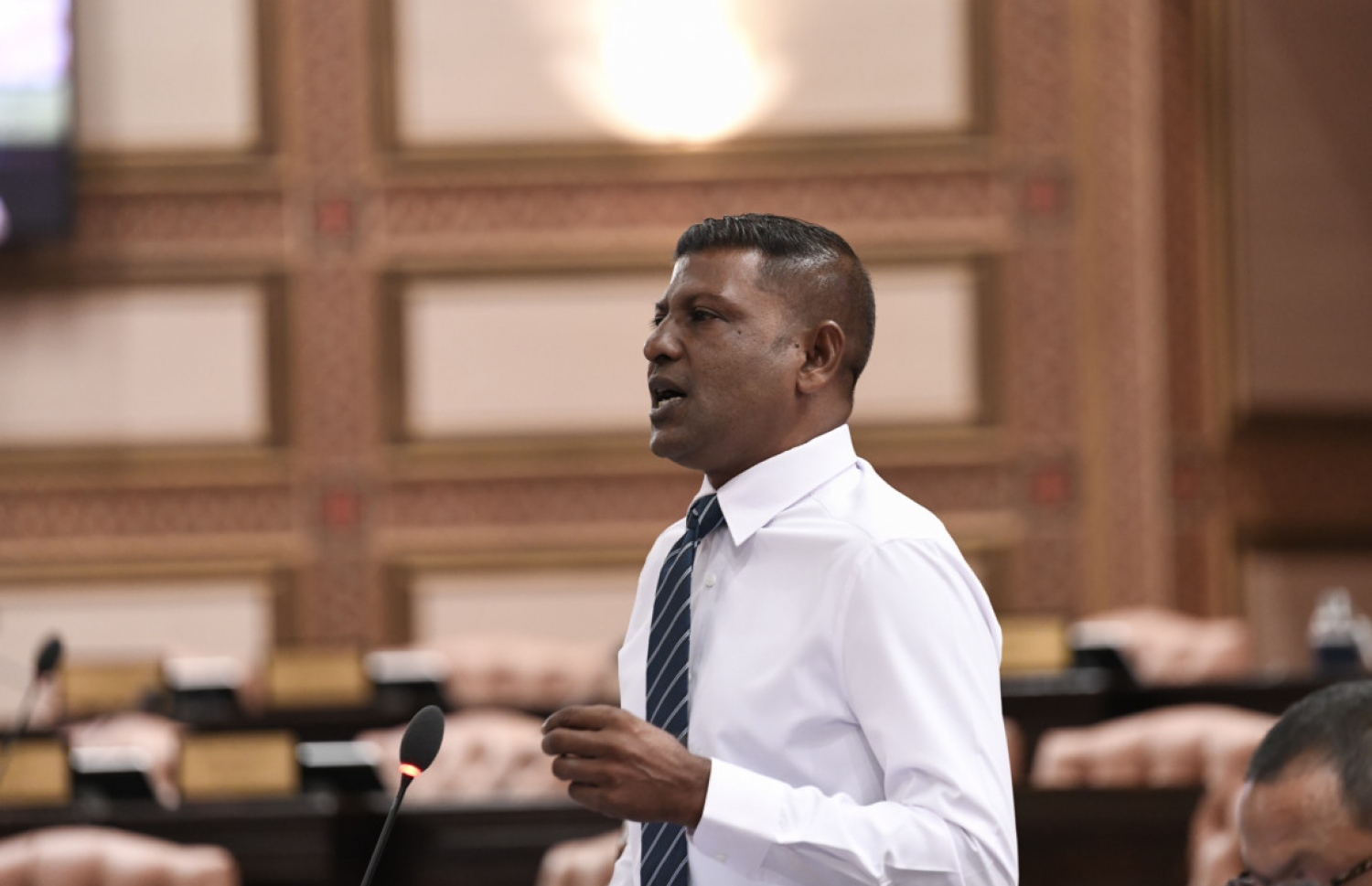 ރައްޔިތުންގެ މަޖިލީހުގެ ޖަލްސާއެއްގައި މިލަންދޫ ދާއިރާގެ އެމްޑީޕީގެ މެމްބަރު ރިޒާ ވާހަކަ ދައްކަވަނީ.