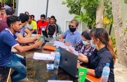 Public Interest Law Centre (PILC) meeting with migrant workers at Bodufinolhu, Baa Atoll. PILC has pledged to provide pro-bono legal aid to migrant workers employed for the development of Bodufinolhu. PHOTO: PILC