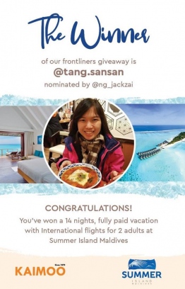 The winner of the giveaway hosted by Summer Island Maldives. PHOTO: SUMMER ISLAND