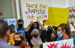 [File] Participants in a demonstration against sexual assault in Male' city