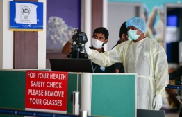 Health safety check kiosk at Velana International Airport as Maldives reopened borders on July 15, 2020. PHOTO: NISHAN ALI / MIHAARU
