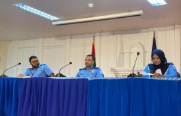 Chief Superintendent of Police Ahmed Basheer (L), Deputy Commissioner of Police Abdul Mannaan Yoosuf (C) and Chief Inspector Mariyam Azma (R), during the police press conference held on July 16, 2020, regarding two high-profile sexual assault cases including the safari case. 