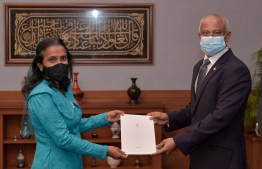 President Ibrahim Mohamed Solih (R) appoints Niumath Shafeeg as the first Child Rights Ombudsperson of the Maldives on July 23, 2020. PHOTO/PRESIDENT'S OFFICE