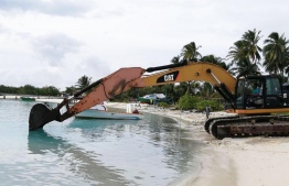 Ongoing dredging work for the harbour of Rakeedhoo, Vaavu Atoll. PHOTO: MTCC