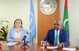 UN Resident Coordinator Catherine Haswell and Minister of Foreign Affairs Abdulla Shahid during the ceremony. PHOTO: UN MALDIVES