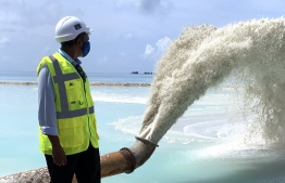 Maldives Transport and Contracting Company (MTCC)'s Managing Director Adam Azim during the ongoing reclamation efforts at Guraidhoo, Kaafu Atoll. PHOTO: MIHAARU
