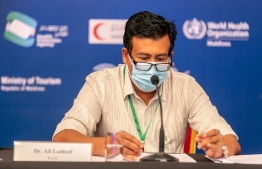 Leader of the Technical Advisory Group (TAG) Dr Ali Latheef speaking at the press conference held by the Health Emergency Centre (HEOC) on August 23. He warned that the health sector may have to start triaging COVID-19 cases if the current situation continues to worsen. PHOTO: HEOC